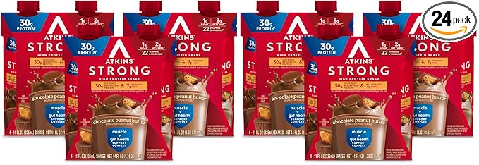 Atkins Strong High Protein Shake, Chocolate Peanut Butter Flavor, 30g Protein, Low Carb and Low Sugar Shake, Keto Friendly, Gluten Free, Muscle and Gut Health Support Complex (Pack of 24)