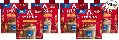 Atkins Strong High Protein Shake, Chocolate Peanut Butter Flavor, 30g Protein, Low Carb and Low Sugar Shake, Keto Friendly, Gluten Free, Muscle and Gut Health Support Complex (Pack of 24)