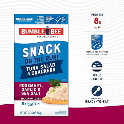 Bumble Bee Snack On The Run! Protein Pack, 8g per Box - Rosemary, Garlic, Sea Salt Tuna Salad with Crackers Kit - Ready to Eat Easy-Open Can - Wild Caught MSC-Certified Tuna (Pack of 12)