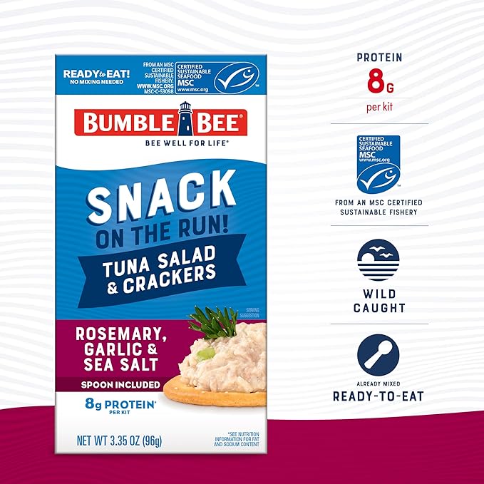 Bumble Bee Snack On The Run! Protein Snack Pack - 8g Protein per Box - Rosemary, Garlic, Sea Salt Tuna Salad with Crackers Kit - Ready to Eat Easy-Open Can - Wild Caught MSC-Certified Tuna (Pack of 1)