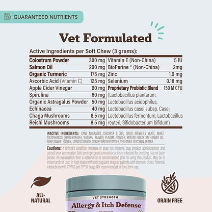 Natural Dog Company Allergy & Itchy Defense Chews 90 ct, Vet Strength High-Concentration Dog Allergy Relief with 2.4X Colostrum,2X Salmon Oil & 1.5X Probiotics, Supports Immune,Coat & Gut Health