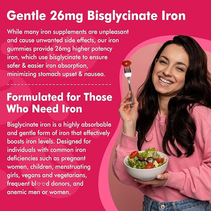 Iron Gummies for Women & Men, Iron Bisglycinate Gummies 26mg, Plus Vitamin C, Folate, Beet Root, B12 & Zinc,High Absorption Iron Supplement for Iron Deficiency, Immune & Energy Boost, Sugar-Free 60Cts