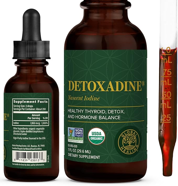 Global Healing Center - Detoxadine - Organic Nascent Liquid Iodine Supplement Drops for Thyroid Support, Detox Cleanse, and Metabolism - Non-GMO, Vegan, 200 Servings Iodine Drops (1 Oz)