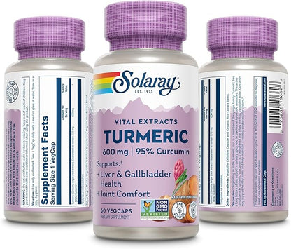 SOLARAY Turmeric Supplement 600mg - Turmeric Root with 95% Curcumin - Joint Support Supplement - Joint Health, Gallbladder and Liver Support, Non-GMO, Vegan, Gluten Free, 60-Day Guarantee, 60 Servings