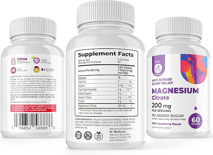 DR. MORITZ Magnesium Citrate Gummies for Adults - Sugar-Free Calm Magnesium Gummies - Supports a Healthy Stress Response - Raspberry Flavor - Non-GMO, 200 mg (60 Count)