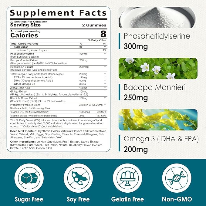 Phosphatidylserine - Nootropic Brian Supplement, Focus & Energy Gummies + Bacopa Monnieri, Omega 3, Huperzine A, Methyl B12 & B6 for Seniors, Gamers, Workers, Non-GMO, Caffeine-Free, Sugar Free,60 Cts