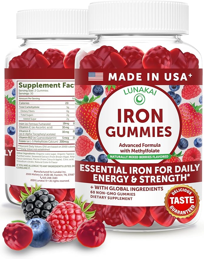 Lunakai USA Made Vegan Iron Gummies 5-in-1 with Methylfolate, Vitamin C, E & B12 - Daily Chewable Iron Supplement for Women, Men & Kids - Energy & Blood Health Support, Non-GMO, 60ct