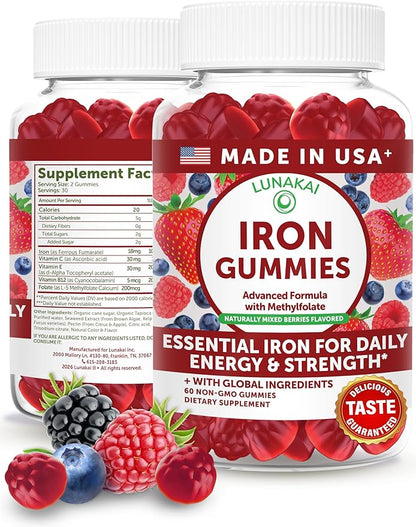Lunakai USA Made Vegan Iron Gummies 5-in-1 with Methylfolate, Vitamin C, E & B12 - Daily Chewable Iron Supplement for Women, Men & Kids - Energy & Blood Health Support, Non-GMO, 60ct