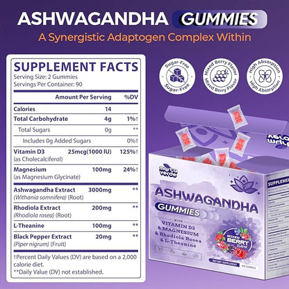 3000mg Ashwagandha Gummies for Women & Men, 180 Count | Extra Strength Ashwagandha Supplement for Stress, Relaxation & Immune Support | Magnesium, Rhodiola, L-Theanine, D3 | Sugar Free Mixed Berry