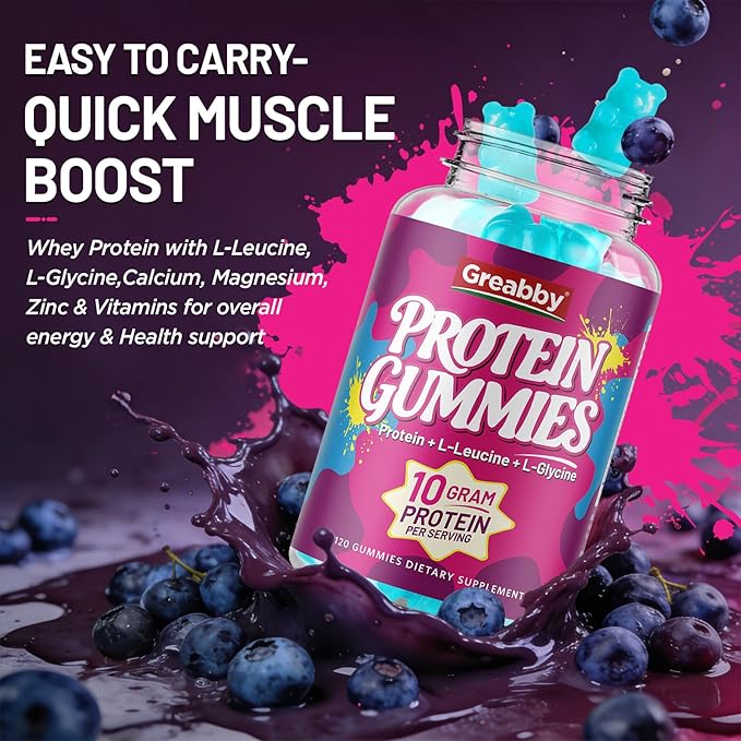 Protein Gummies, Chewable Whey Protein Supplement with L-Glycine & L-Leucine, 10g Protein for Women & Men, Muscle, Hair, Skin & Nails, 120 Count