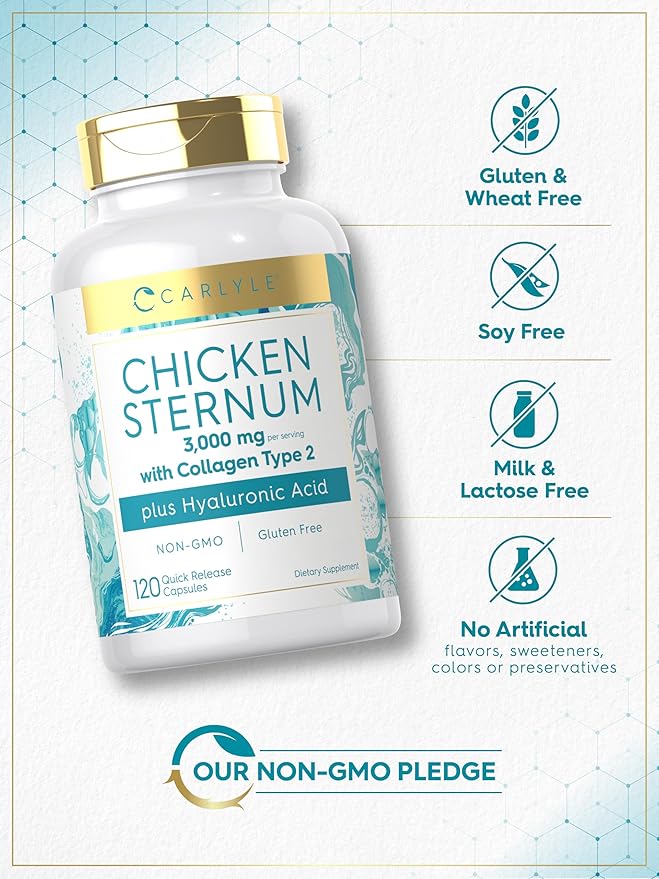 Carlyle Chicken Sternum Cartilage Collagen Capsules | Type II 3000mg | 120 Pills | Plus Hyaluronic Acid | Non-GMO, Gluten Free
