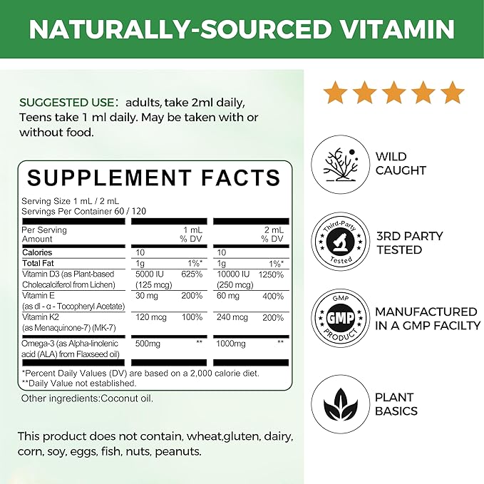 Mulittea Vitamin D3 K2 Liquid 10000 IU w/Vegan Omega-3 & Coconut MCT Oil - Maximum Strength Vitamin D Supplement, No Fillers, Non-GMO K2 as MK7 for Bones, Muscles & High Absorption-2 Fl Oz 1pack