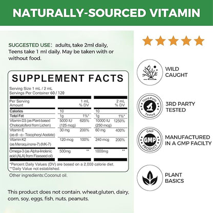 Mulittea Vitamin D3 K2 Liquid 10000 IU w/Vegan Omega-3 & Coconut MCT Oil - Maximum Strength Vitamin D Supplement, No Fillers, Non-GMO K2 as MK7 for Bones, Muscles & High Absorption-2 Fl Oz 1pack