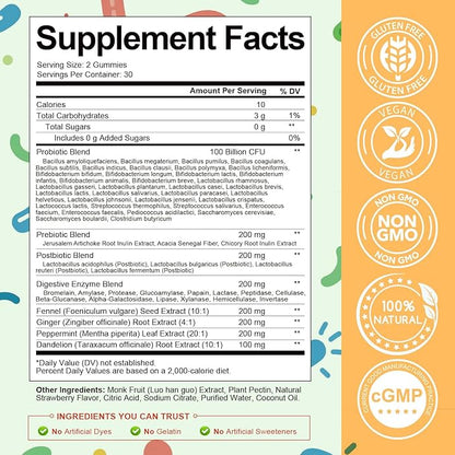 Totaria Sugar Free 5-in-1 Probiotic Prebiotic Postbiotic Gummy, 36 Strains Probiotics for Women Men with Digestive Enzymes, Peppermint, Complete Immune, Gut & Digestive Support, Vegan, 60 Counts