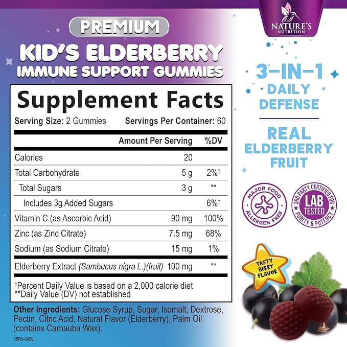 Kids Immune Support Elderberry Gummies - Daily Children's Vitamins C, Zinc & Kids Support Gummy - Nature's Sambucus Elderberry Supplement, Vegan, Gluten-Free, Tasty Berry Flavor - 120 Gummies