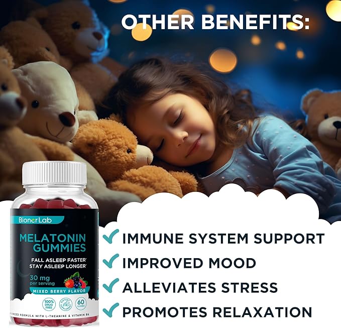BionerLab Melatonin Gummies (30mg) Enhanced with L-theanine & Vitamin B6 for Adult Women Men - Extra Strength Chewables Calm Gummy - Gluten Free