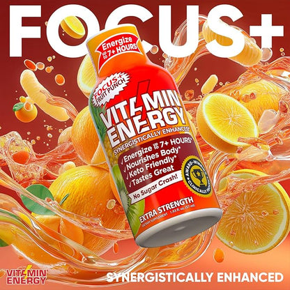 Vitamin Energy Focus+ Extra Strength Energy Shot Fruit Punch 10 Pack, 260mg Natural Caffeine, B-Vitamins, CoQ10, Amino Acids, Focus, Productivity & Clarity, Zero Sugar, Gluten-Free, 1.93 fl oz