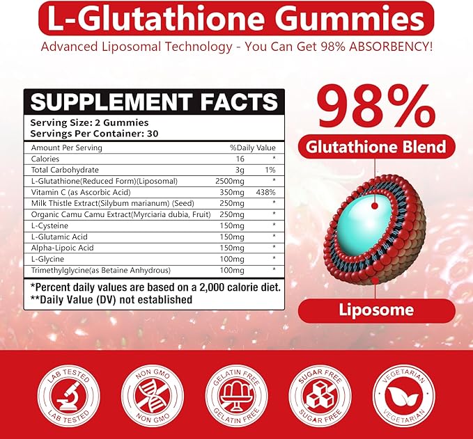 Extra Powerful 2500MG Liposomal Glutathione Gummies for skin whitening,Enhance 98% Absorption-Complex L-Cysteine,L-Glycine,Milk Thistle for Support Liver Function, Antioxidant for Aging Alleviation