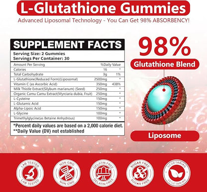 30 Days Supply 2500MG Liposomal Glutathione Gummies,Enhance 98% Absorption-for Skin whitening & Support Liver Function, Antioxidant for Aging Alleviation
