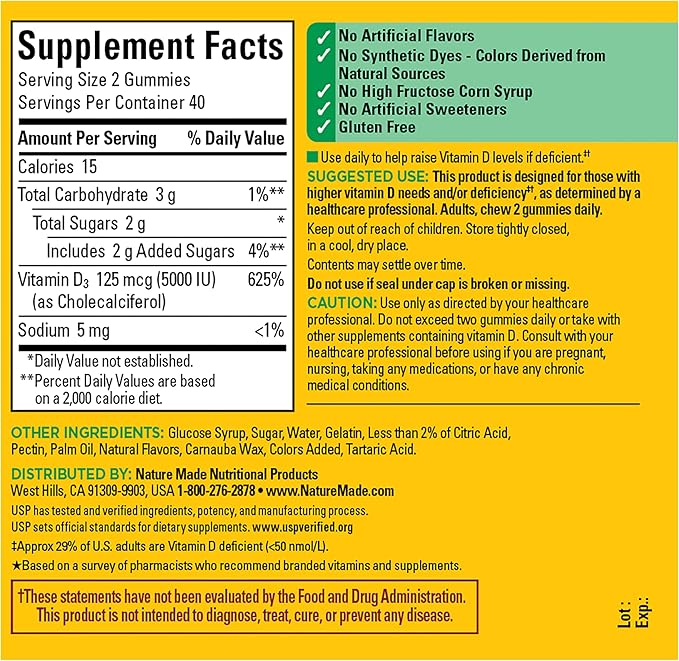 Nature Made Vitamin D3 5000 IU Per Serving Gummies Extra Strength, Bone and Immune Health Support, 80 Vitamin D Gummies for Adults, 40 Day Supply