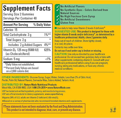 Nature Made Vitamin D3 5000 IU Per Serving Gummies Extra Strength, Bone and Immune Health Support, 80 Vitamin D Gummies for Adults, 40 Day Supply