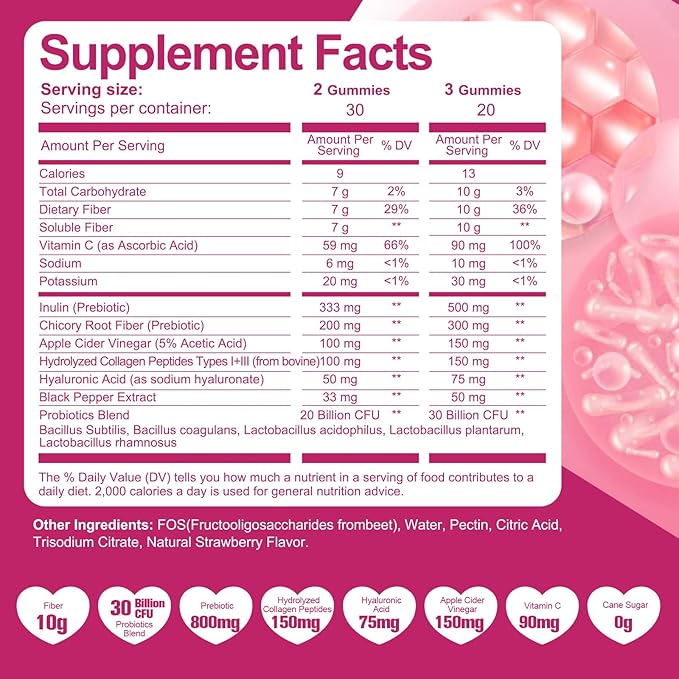 Migcopat 10G Fiber Gummies, with Collagen Peptides, Hyaluronic Acid, Vitamin C, ACV & 30 Billion CFU Probiotics – Sugar Free Collagen Gummies for Skin, Hair & Nails – Digestive Support – 120 Cts