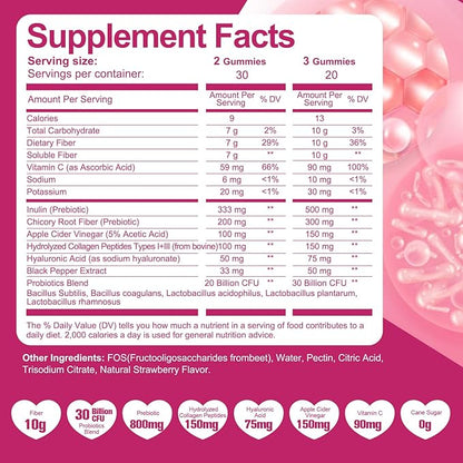 Migcopat 10G Fiber Gummies, with Collagen Peptides, Hyaluronic Acid, Vitamin C, ACV & 30 Billion CFU Probiotics – Sugar Free Collagen Gummies for Skin, Hair & Nails – Digestive Support – 120 Cts