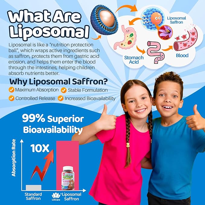 Kids Saffron Magnesium Gummies, Liposomal Saffron for Kids Focus Sleep Gummies, Mood Support Organic Saffron Extract Supplements w/ Magnesium Glycinate, L-Theanine & GABA for Calm - No Melatonin,120Ct