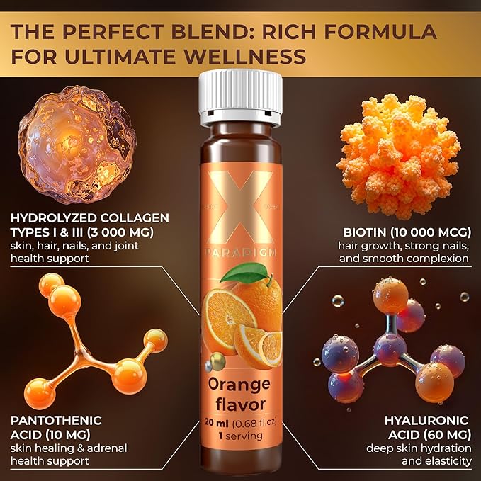 Liquid Collagen Peptides with Biotin & Hyaluronic Acid - 3000mg Hydrolyzed Collagen Type 1 and 3, Biotin 10000mcg, Vitamins B5, B6, C & E - Liquid Collagen Shots for Women and Men