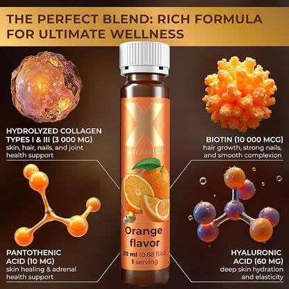 Liquid Collagen Peptides with Biotin & Hyaluronic Acid - 3000mg Hydrolyzed Collagen Type 1 and 3, Biotin 10000mcg, Vitamins B5, B6, C & E - Liquid Collagen Shots for Women and Men