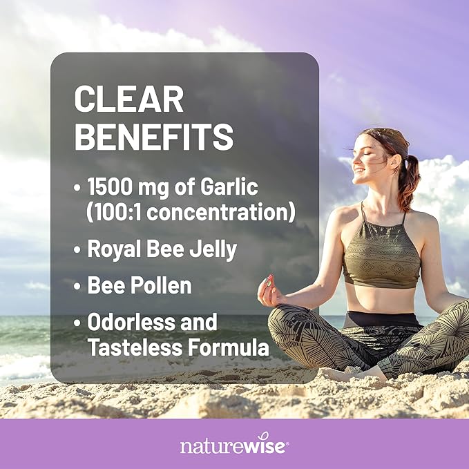 NatureWise Odorless Garlic Pills - with Royal Bee Jelly & Pollen - Herbal Supplement for Heart Health + Immune System + Antioxidants - Gluten Free, Non-GMO - 60 Softgels [2-Month Supply]