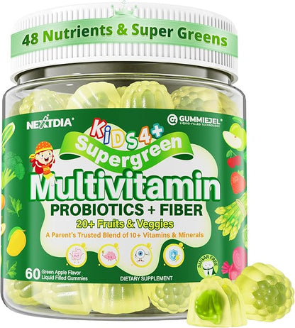 Kids Multivitamin Gummies, 20+ Super Greens Fruit and Veggies Supplement Superfood Daily Gummies with Probiotics for Kids Gummy Vitamins & Minerals for Tummy & Immune Support -Vegan, Sugar Free, 60Cts