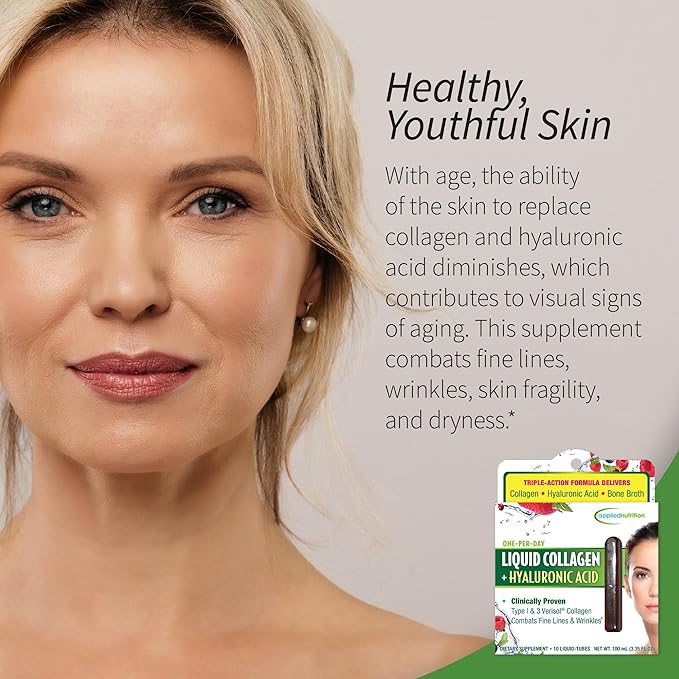 Applied Nutrition Liquid Collagen + Hyaluronic Acid - 10 Liquid Tubes - Skin & Nail Restoration - Mixed Berry Flavor - 10 Servings