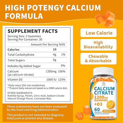 (3 Pack) Calcium Citrate 1200 mg Gummies with Vitamin D3, High Absorption Calcium Supplements for Women & Men, Sugar Free, Non-GMO, Gluten Free, Supports Muscle & Immune - Orange Flavor