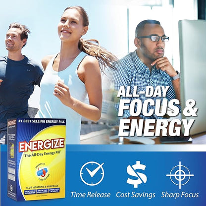 Energize Caffeine Pills - Fast Acting Energy Pill - Healthy Focus Brain Supplement - Improved Performance, Alertness, and Clarity - All Day Energy, No Jitters, No Crash - 28 Time Released Tablets
