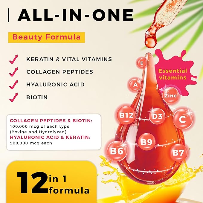 Liquid Biotin and Collagen Peptide Complex with Keratin, Hyaluronic Acid, MCT Oil, Zinc, Vitamins B6, B7, B12, A, C, D3, E - Hair, Skin, and Stronger Nails Supplement for Women and Men