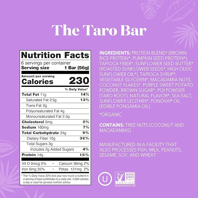 ALOHA Organic Plant Based Protein Bars | The Taro Bar - Special Edition | 6 Count, 1.98oz Bars | Vegan, Low Sugar, Gluten Free, Paleo, Low Carb, Non-GMO, Stevia Free, Soy Free, No Erythritol