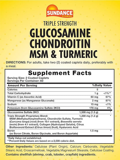 Sundance Glucosamine Chondroitin with MSM and Turmeric | 120 Caplets | Triple Strength Formula | Non-GMO & Gluten Free Supplement
