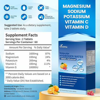 Magnesium Hydrogen Water Tablets, Tablets for Drinking Water - H2 Molecular Tabs | Magnesium* Pills, Electrolytes Hydration Supplement to Support Healthy Aging & Energy Boost (1 Pack)