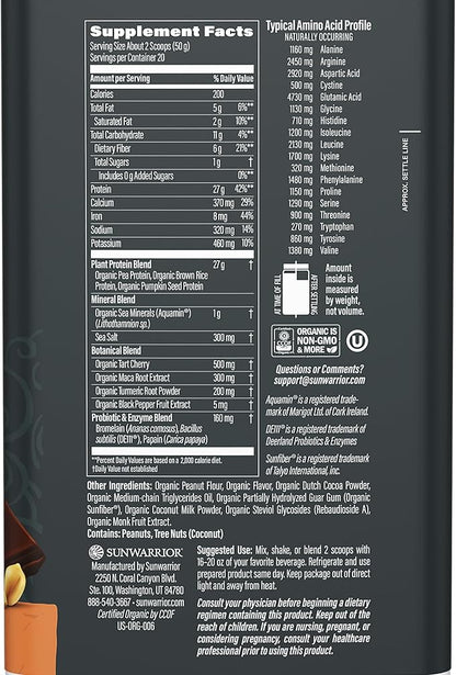 Sunwarrior Organic Plant Based Protein Powder | Vegan Organic Protein Powder with BCAAs Plus Recovery Minerals & Botanicals | Non-GMO Soy Dairy & Gluten Free (Chocolate Peanut Butter, 20 Servings)