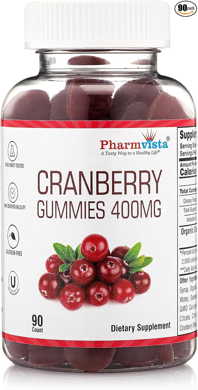 Pharmvista Cranberry Gummies for Kids & Adults 400mg-Gluten Free Allergen Free Nutrient Rich Vegan Supplement -Cranberry Chews-90 Count