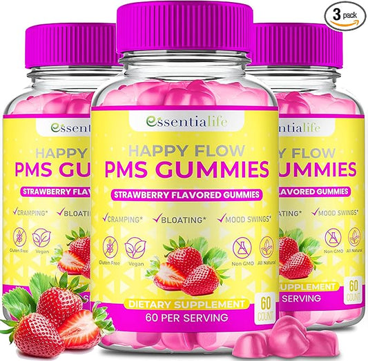 PMS Gummies - Happy Flow PMS Support Supplement for Women - Strawberry PMS Relief Supplement with Vitamin B6 for Hormone Balance, Period Support, Cramps, Hormonal Acne & Bloating Relief (180 Count)