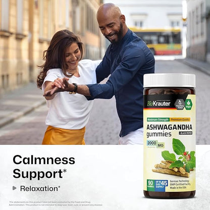 BIO KRAUTER® Ashwagandha Gummies for Mood Magic & Relaxation Support 2000 mg - Vegan Ashwagandha Supplements for Women & Men - 90 Relax Gummies - 45 Days of Supply, Mango Flavor - Non-GMO