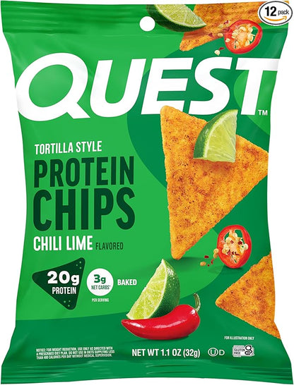 Quest Nutrition Chili Lime Tortilla Style Protein Chips, 20g Protein, 3g Net Carbs, Low Carb, Gluten Free, 1.1 oz (Pack of 12)