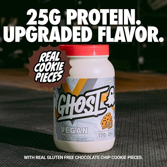 GHOST Vegan V2 Protein Powder, Chocolate Chip Cookies – 2.9LB Tub, 25G of Protein - Plant-Based Pea & Organic Pumpkin Blend Protein with Fiber & Iron - Flavored Post Workout Shakes - Soy, Gluten Free