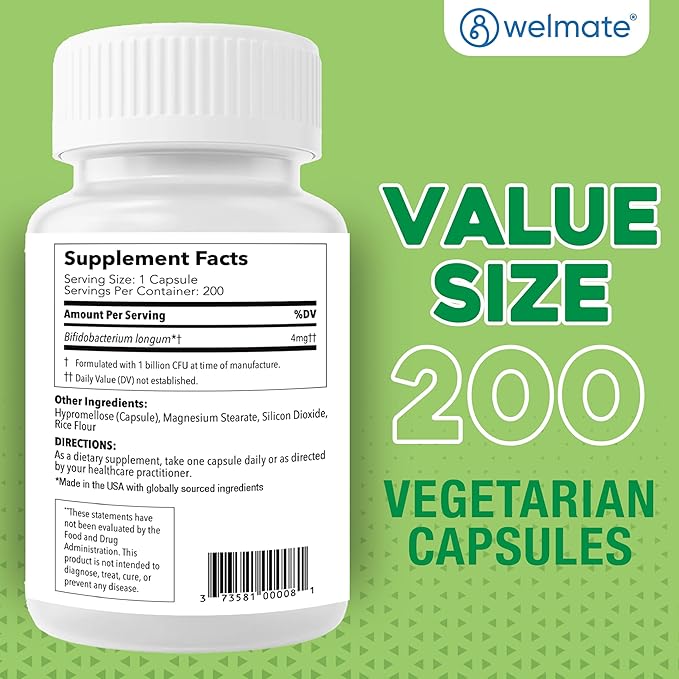 WELMATE Bifidobacterium - Probiotic Supplement - Supports Gut Health - Immune Support - Digestive Enzymes - Gluten Free - Vegan - Men & Womens Probiotic - Value Size - 200 Count