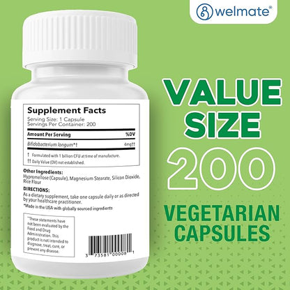 WELMATE Bifidobacterium - Probiotic Supplement - Supports Gut Health - Immune Support - Digestive Enzymes - Gluten Free - Vegan - Men & Womens Probiotic - Value Size - 200 Count