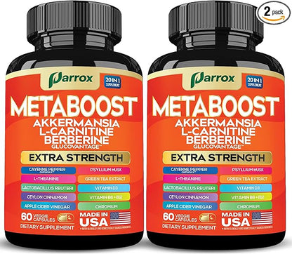 GLP-1 Booster Supplement, Akkermansia, L-Carnitine, Berberine (GlucoVantage), Methylfolate, Methylated B12, Chromium, Capsimax, Psyllium Husk, Probiotics Vitamins D3, B6, 20-in-1 Plant-Based (2 Pack)