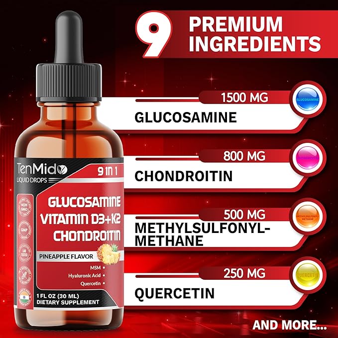 Glucosamine Chondroitin MSM Liquid Drops - 9in1 with Vitamin D3, Vitamin K2, Hyaluronic Acid, Quercetin, Boswellia, and Bromelain - Vegan, Non-GMO - 30ml 1 Fl Oz