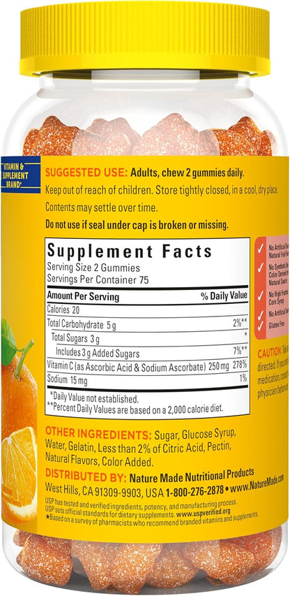 Nature Made Vitamin C 250 mg Per Serving, Dietary Supplement for Immune Support, Vitamin C Gummies for Adults, 150 Gummies, 75 Day Supply